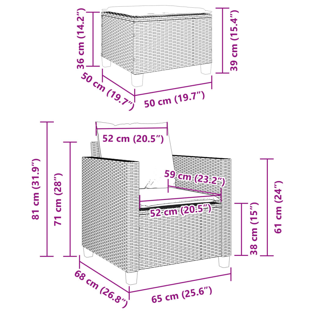 Ensemble de bistro 3 pcs et coussins gris clair résine tressée