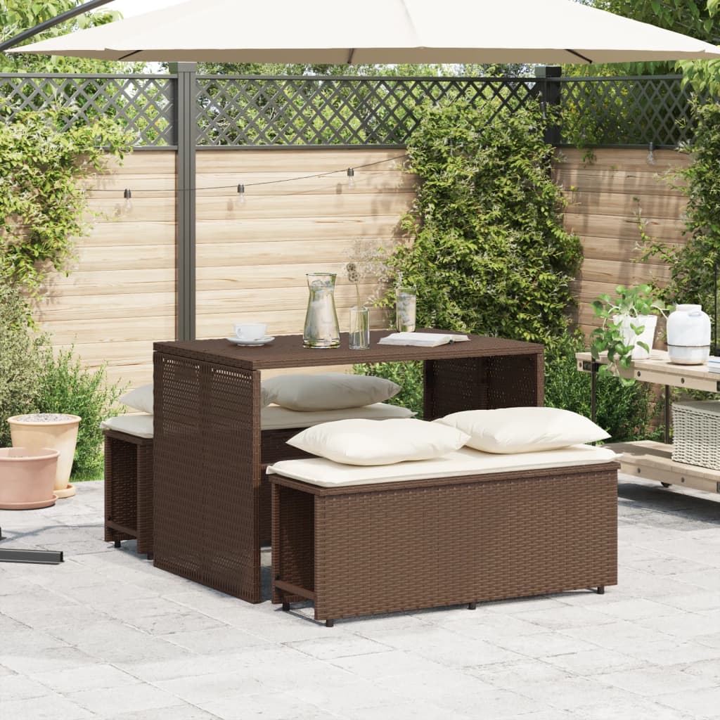 Ensemble à manger de jardin 3 pcs et coussins marron poly rotin