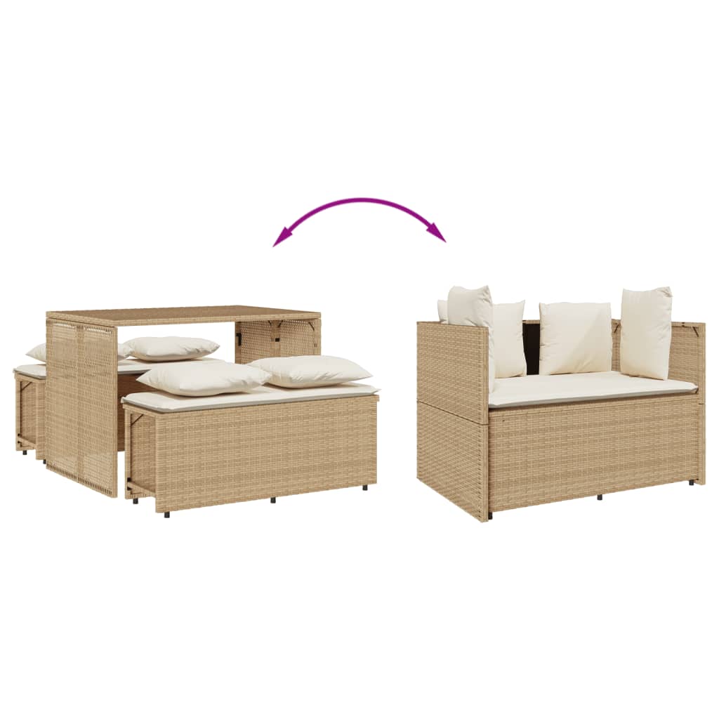 Ensemble à manger de jardin et coussins 3 pcs Beige poly rotin