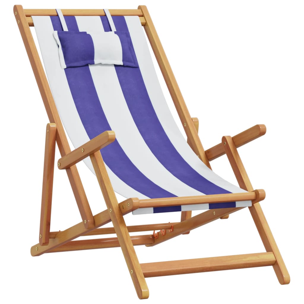 Chaise de plage pliable bleu et blanc bois d'eucalyptus/tissu