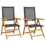 Garden chairs set of 2 black solid acacia wood and rattan