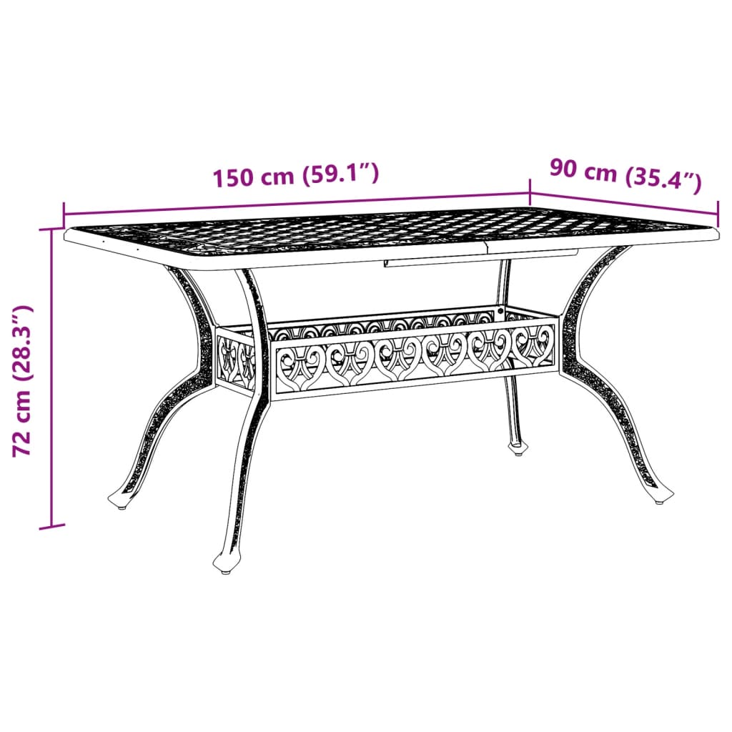 Table de jardin bronze 150x90x72 cm aluminium coulé