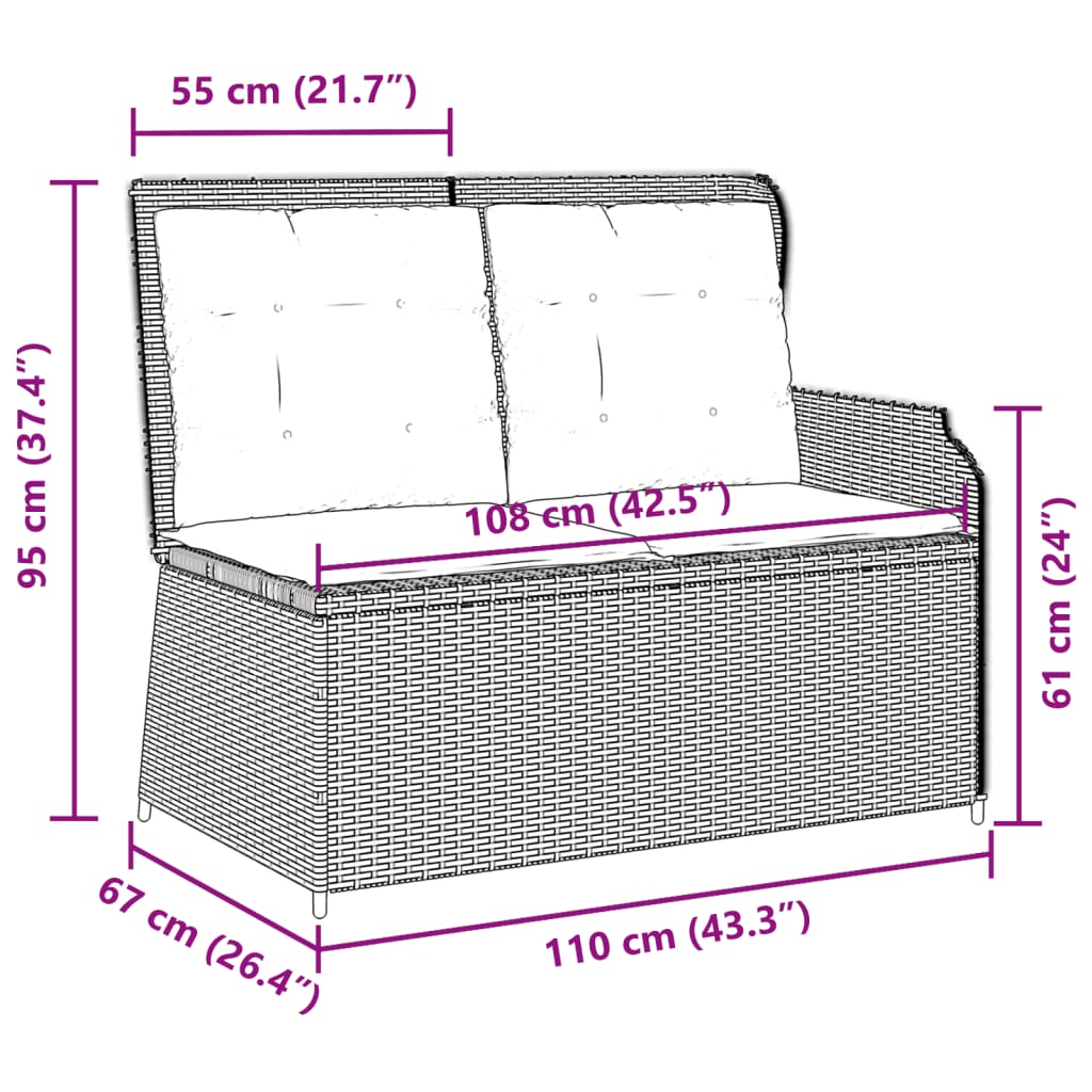 Banc inclinable de jardin avec coussins gris résine tressée