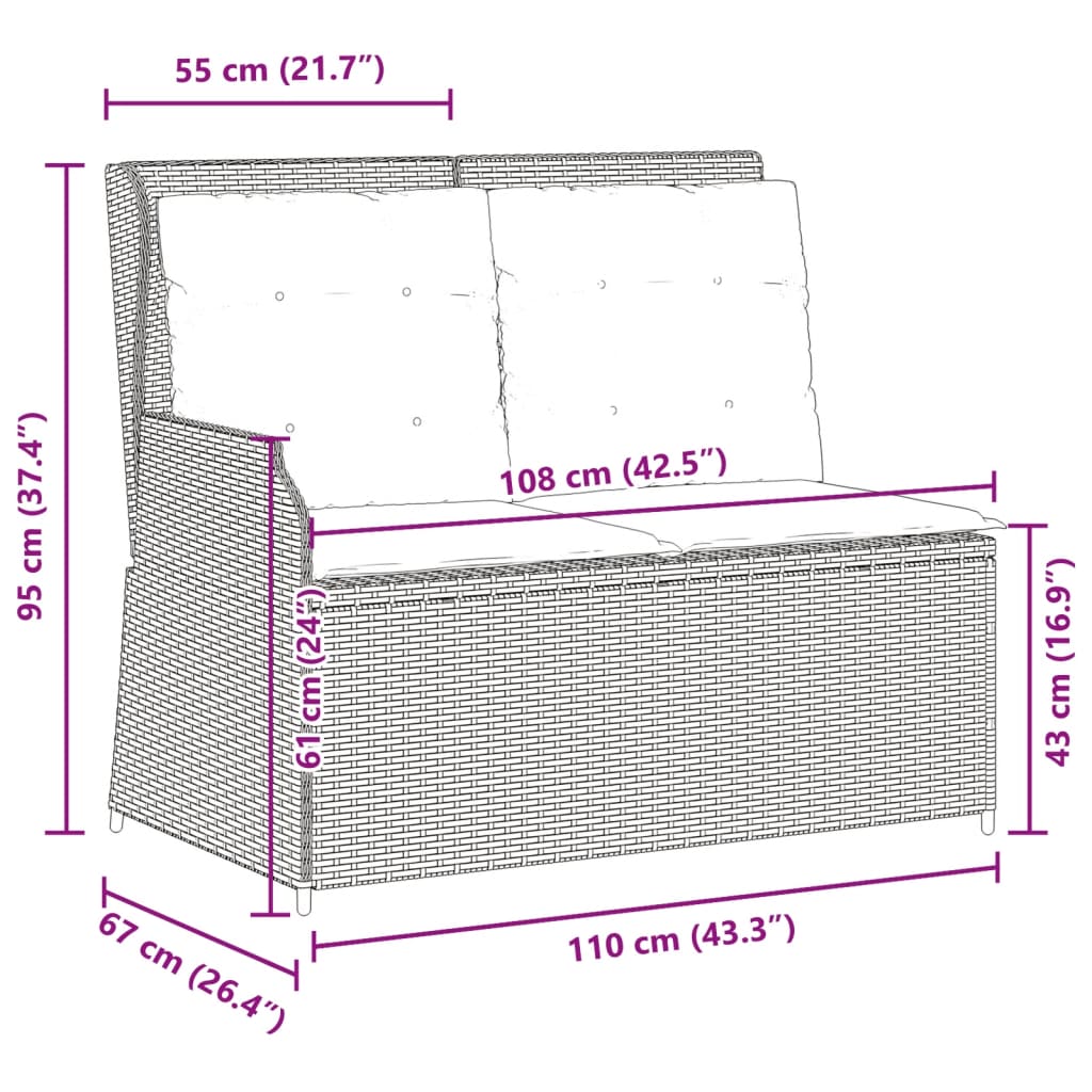 Banc inclinable de jardin avec coussins gris résine tressée