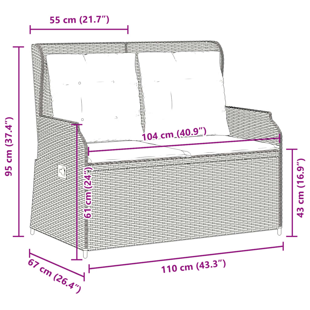 Banc inclinable de jardin avec coussins gris résine tressée