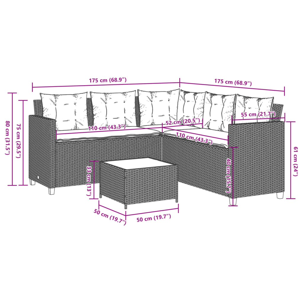 Canapé de jardin avec table et coussins en forme de L marron