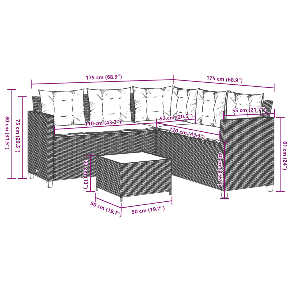 Canapé de jardin avec table et coussins en forme de L gris