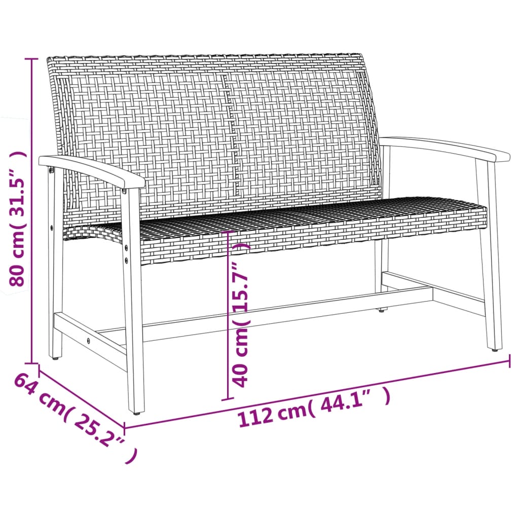 Banc de jardin noir 112 cm résine tressée et bois d'acacia