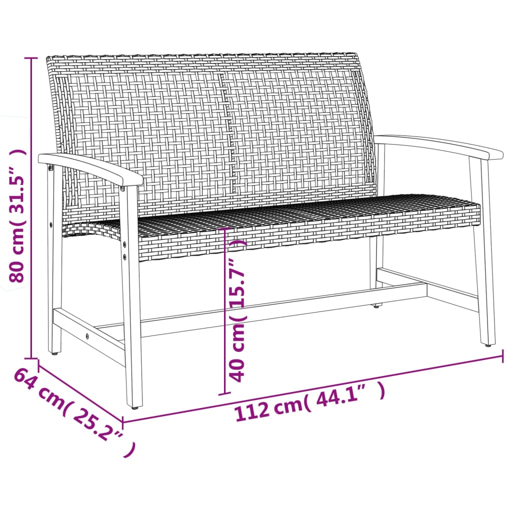 Banc de jardin gris 112 cm résine tressée et bois d'acacia