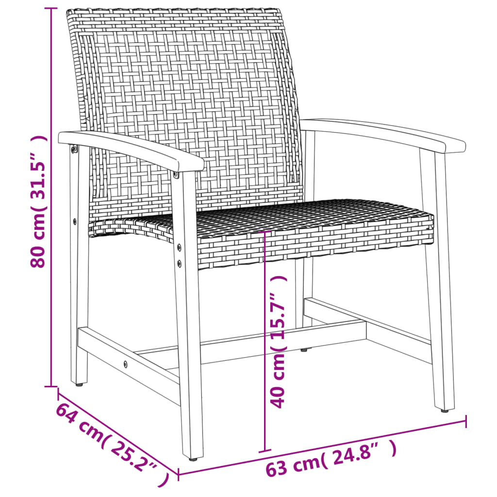 Ensemble de bistro 3 pcs noir résine tressée et bois d'acacia