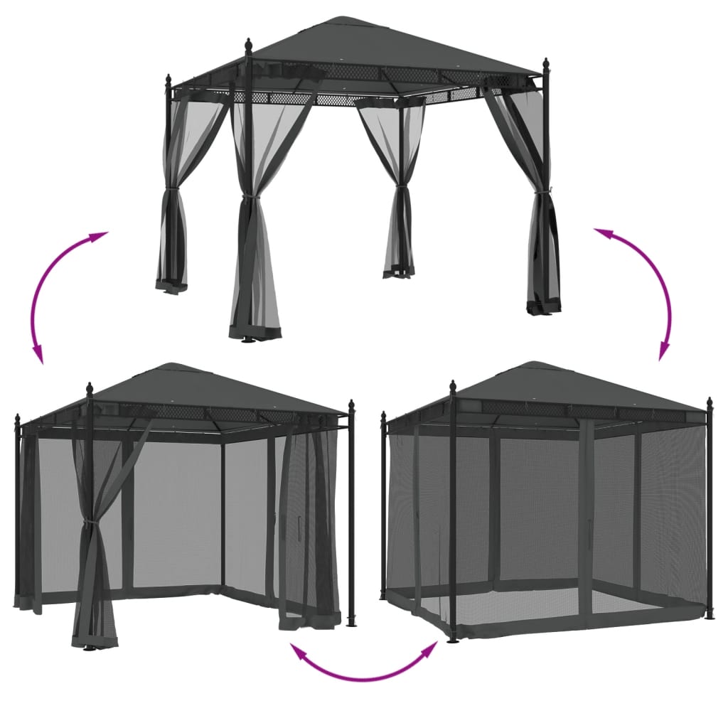 Pavillon mit anthrazitfarbenen Gitterwänden 2,93 x 2,93 m aus Stahl