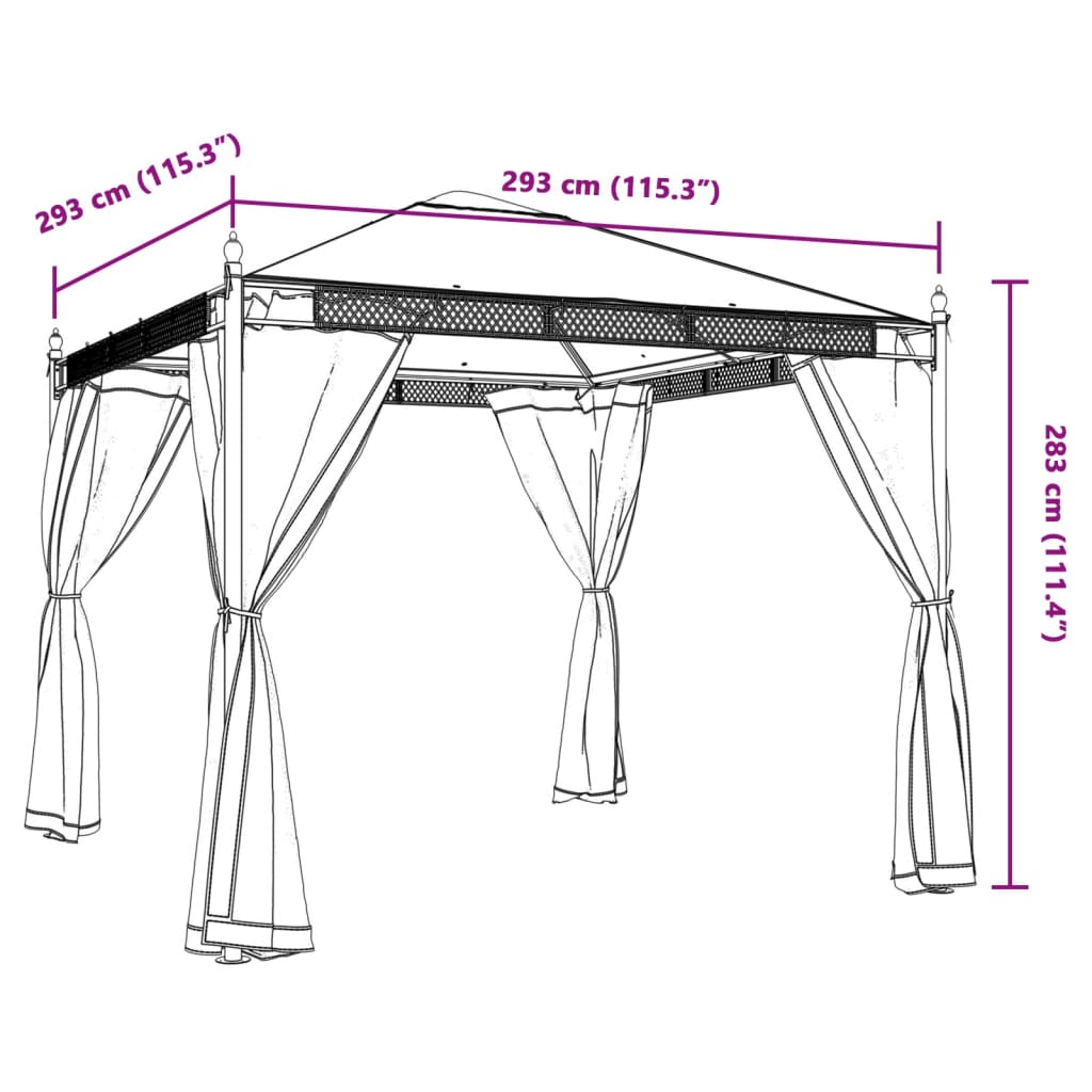 Pavillon mit anthrazitfarbenen Gitterwänden 2,93 x 2,93 m aus Stahl