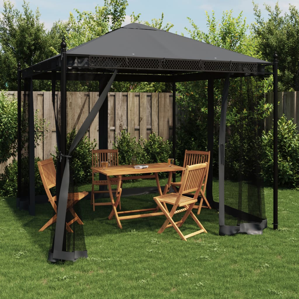 Tonnelle avec parois en filet anthracite 2,93x2,93 m acier