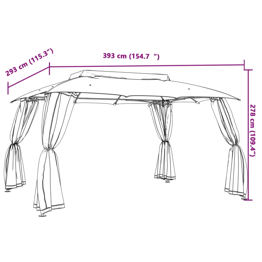 Tonnelle avec double toit et parois en filet anthracite acier