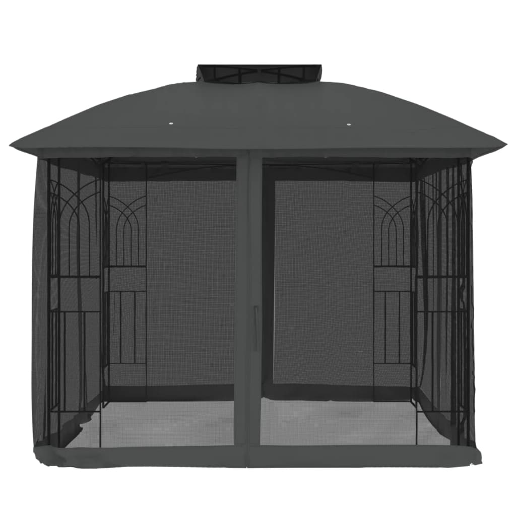 Gazebo with double roof and anthracite steel mesh walls