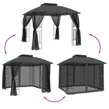 Gazebo with double roof and anthracite steel mesh walls