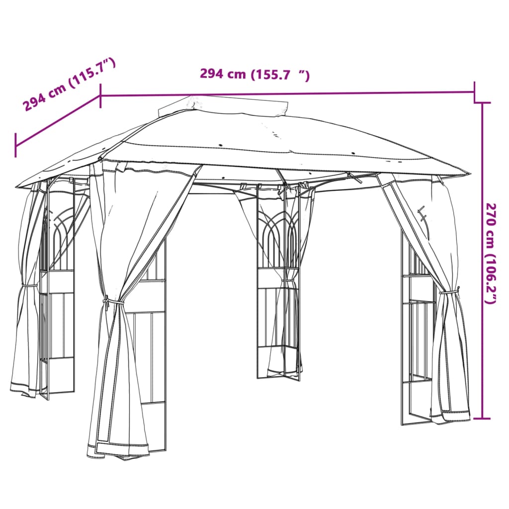 Gazebo with double roof and anthracite steel mesh walls