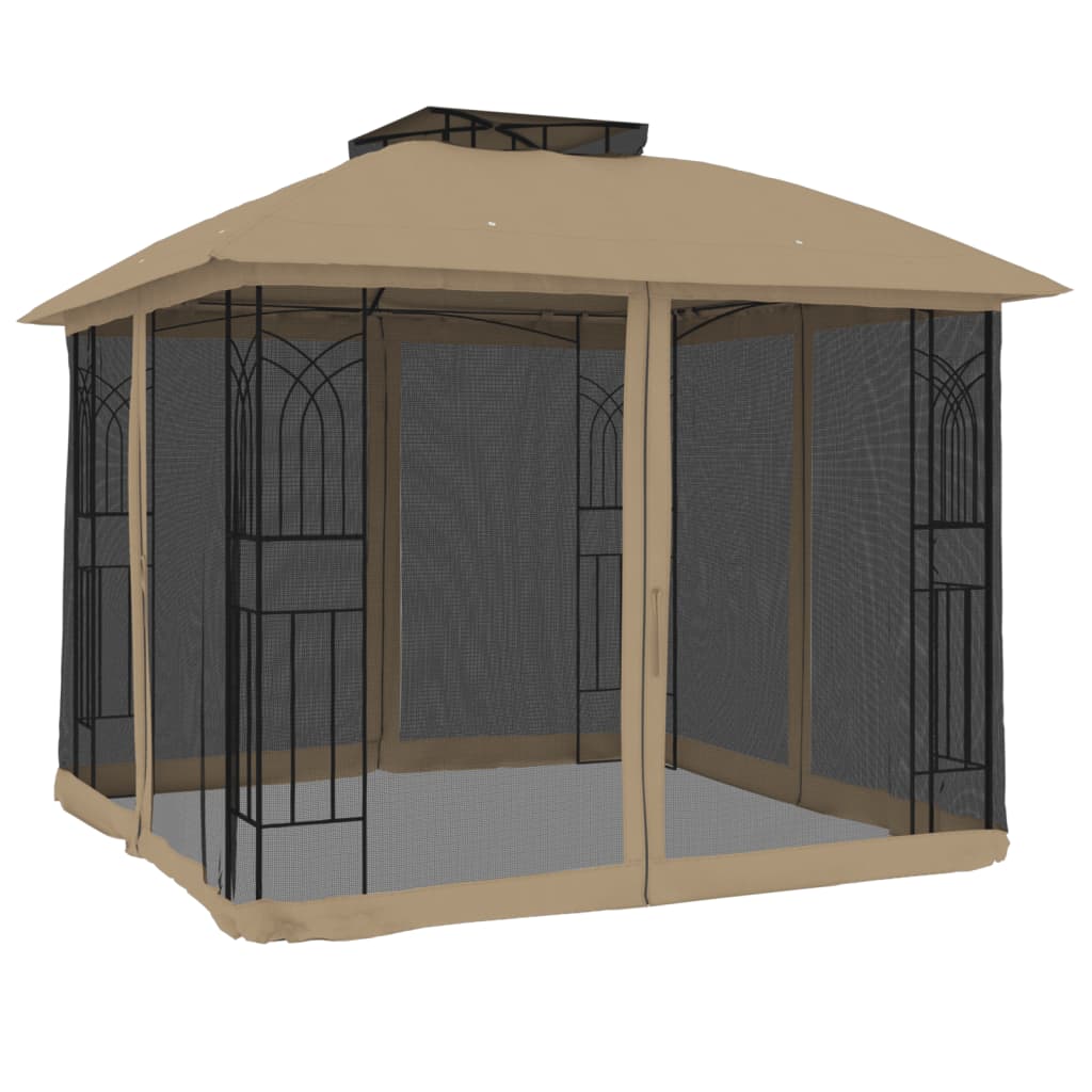 Arbour with double roof and taupe steel mesh walls