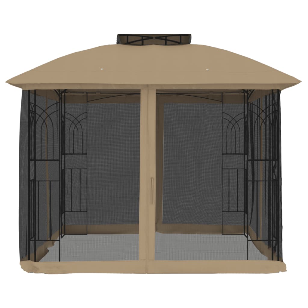 Arbour with double roof and taupe steel mesh walls