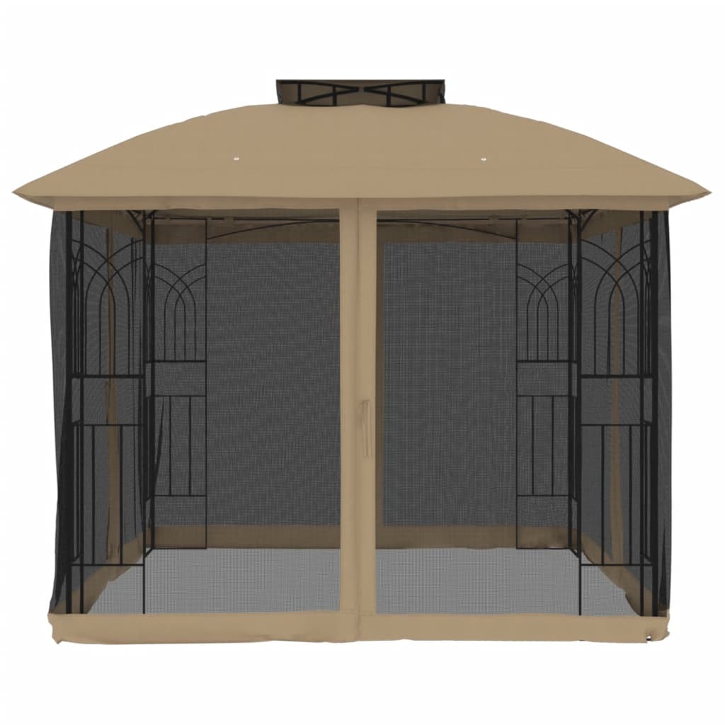 Arbour with double roof and taupe steel mesh walls