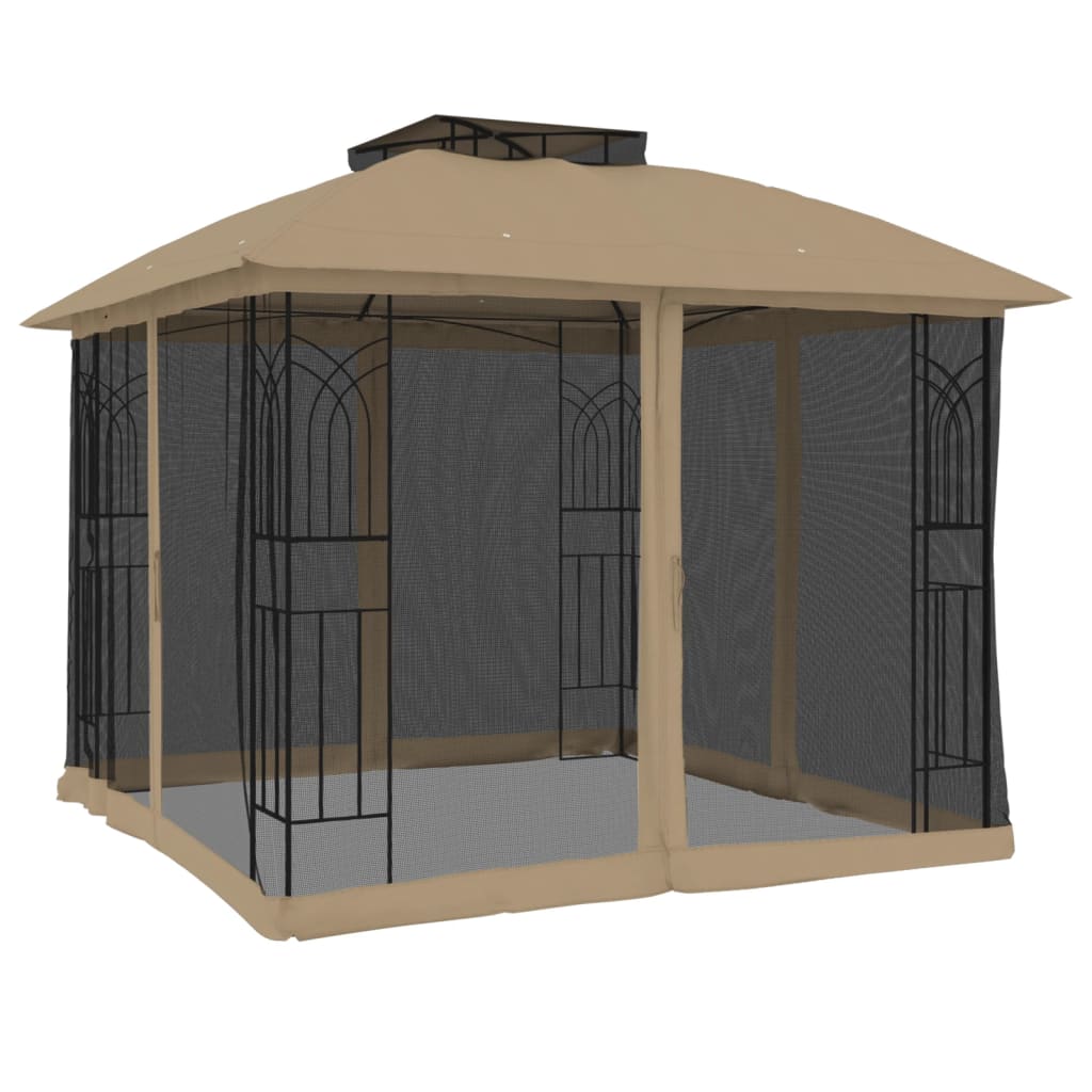 Arbour with double roof and taupe steel mesh walls