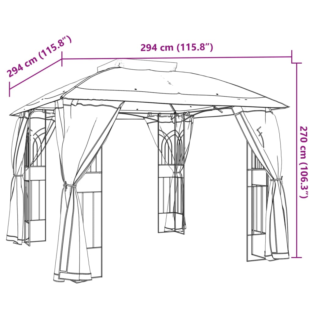 Arbour with double roof and taupe steel mesh walls