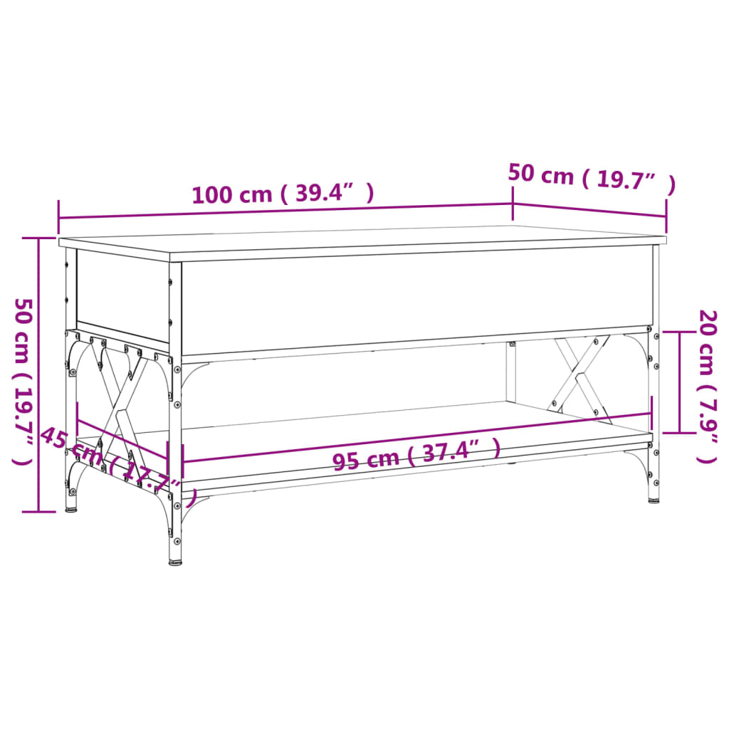 Sonoma grauer Couchtisch 100x50x50 cm aus Holzwerkstoff und Metall