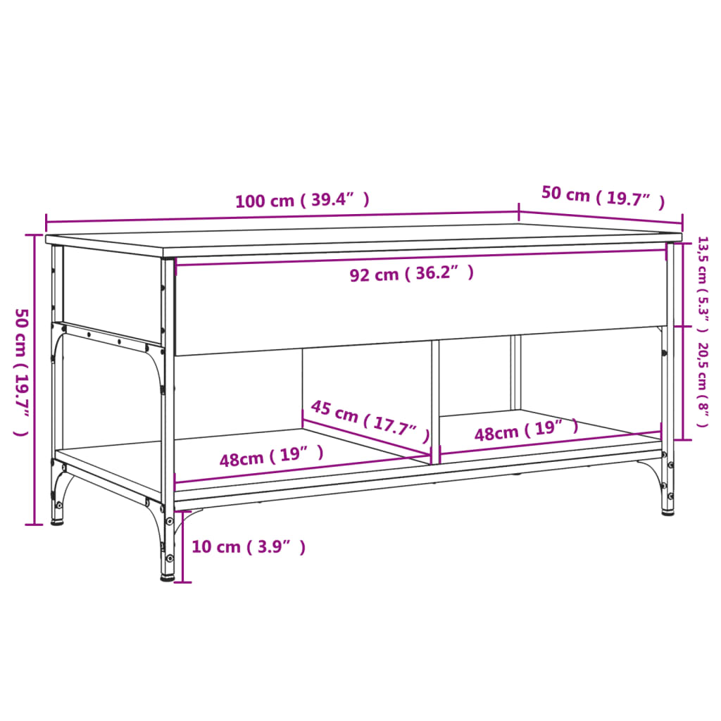 Sonoma grauer Couchtisch 100x50x50 cm aus Holzwerkstoff und Metall