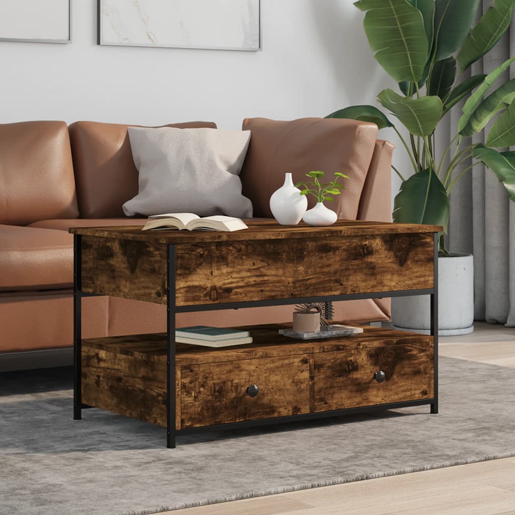 Coffee table brown oak 70x50x50 cm engineered wood and metal