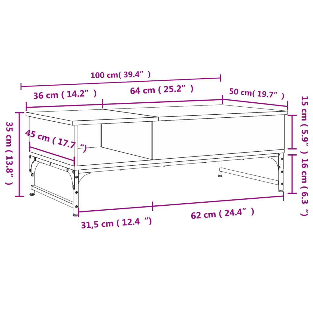 Couchtisch aus brauner Eiche, 100 x 50 x 35 cm, aus Holzwerkstoff und Metall