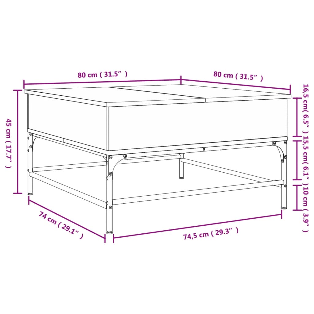 Sonoma grauer Couchtisch 80x80x45 cm aus Holzwerkstoff und Metall