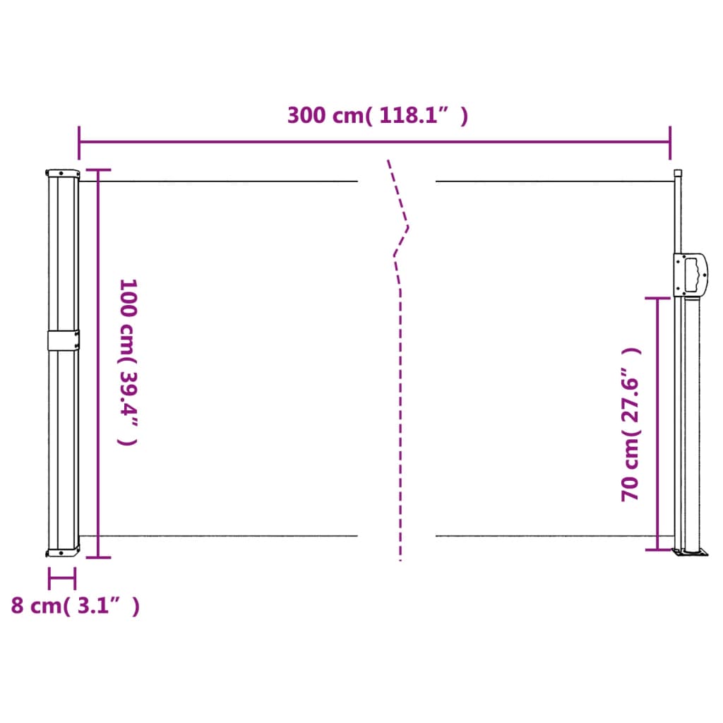 Red retractable side awning 100x300 cm