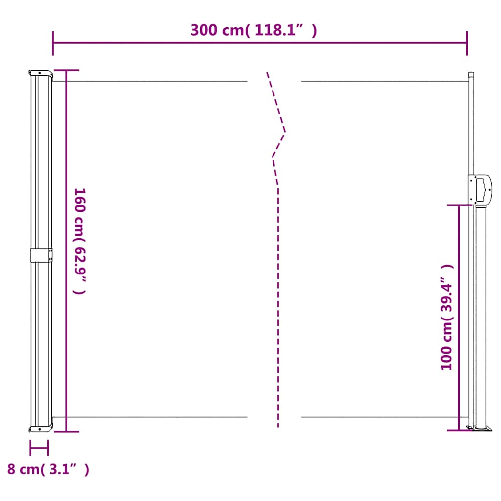 Black retractable side awning 160x300 cm