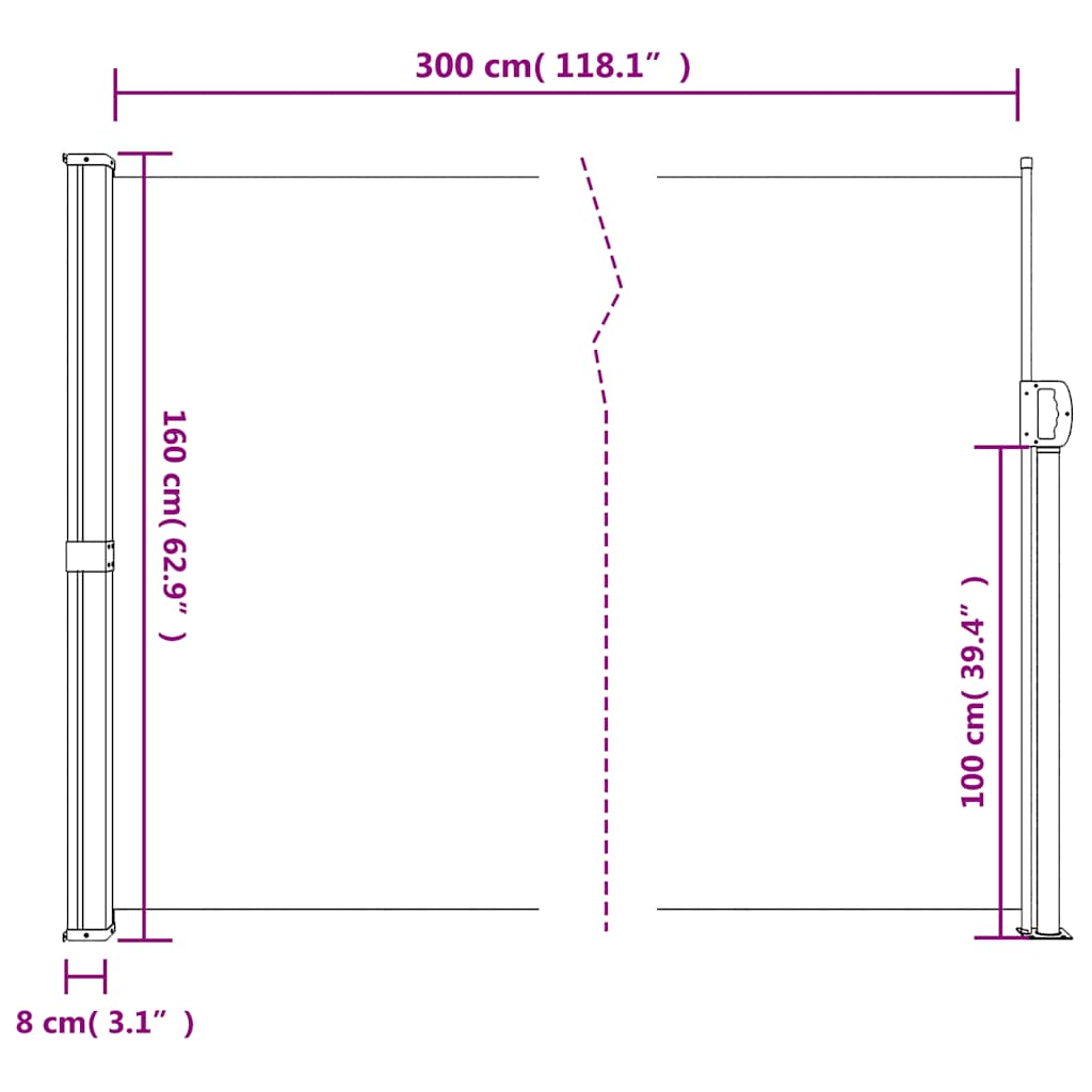 Brown retractable side awning 160x300 cm