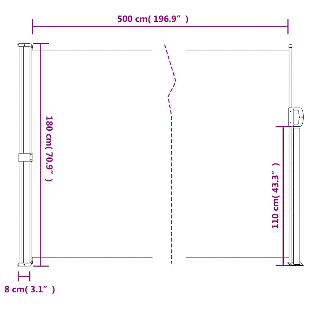 Black retractable side awning 180x500 cm