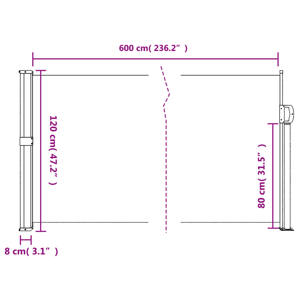 Red retractable side awning 120x600 cm