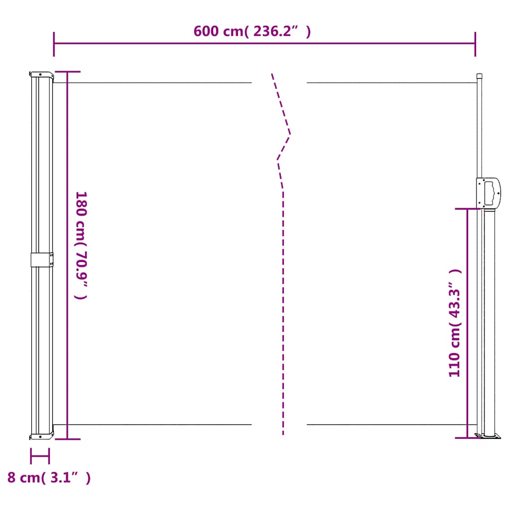 Auvent latéral rétractable blanc 180x600 cm