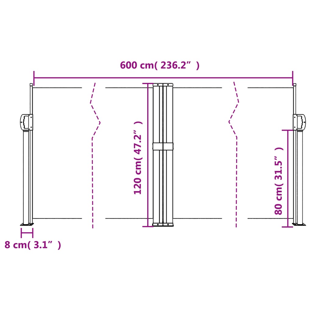 Black retractable side awning 120x600 cm