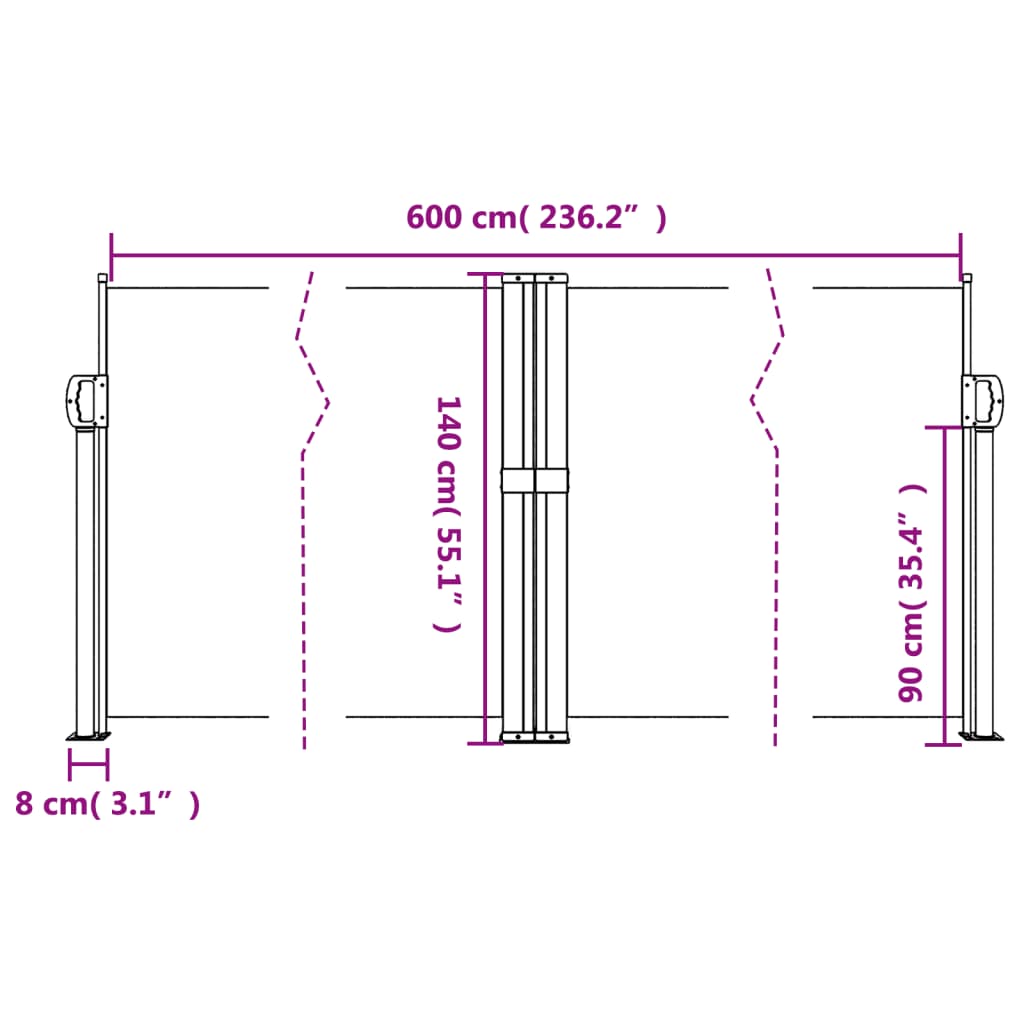 Black retractable side awning 140x600 cm