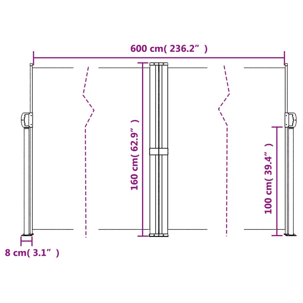 Black retractable side awning 160x600 cm