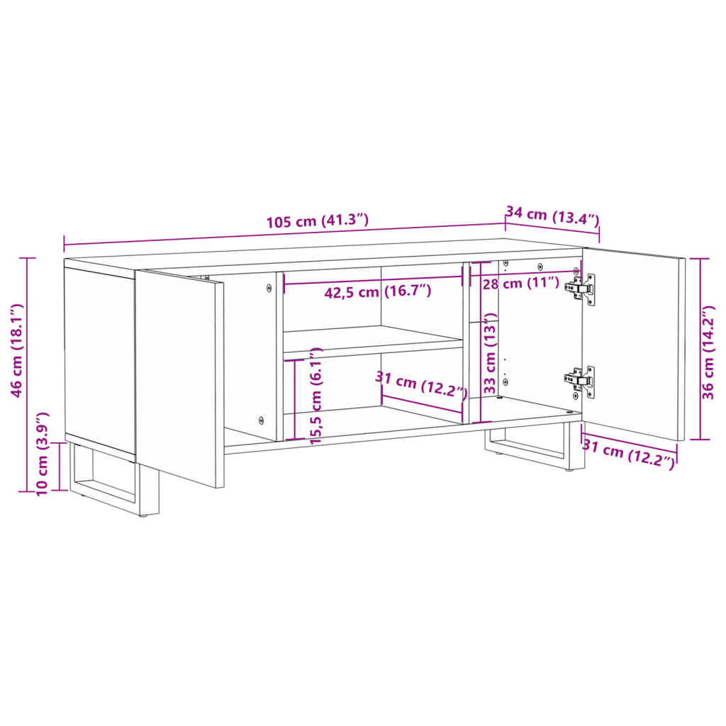 Meuble TV 105x34x46 cm bois massif de manguier brut