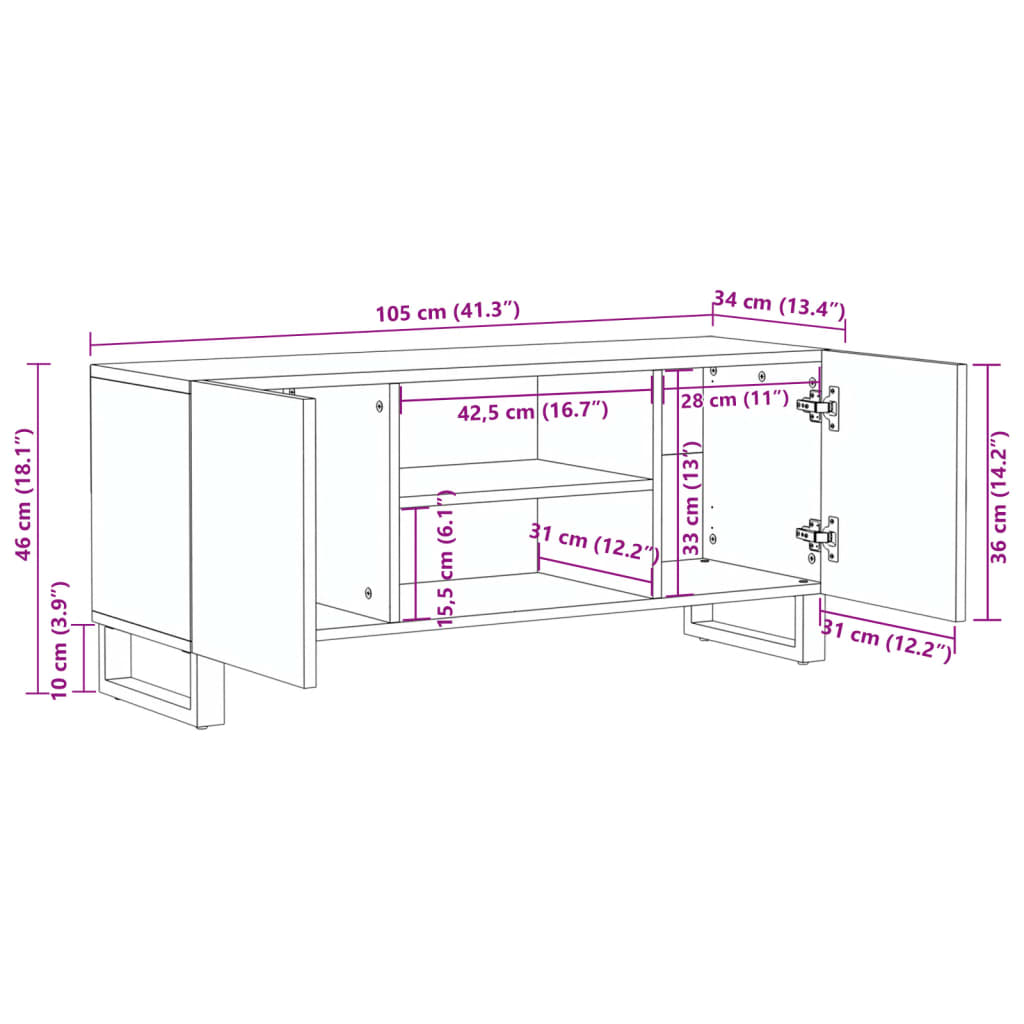 Meuble TV blanc 105x34x46 cm bois massif de manguier