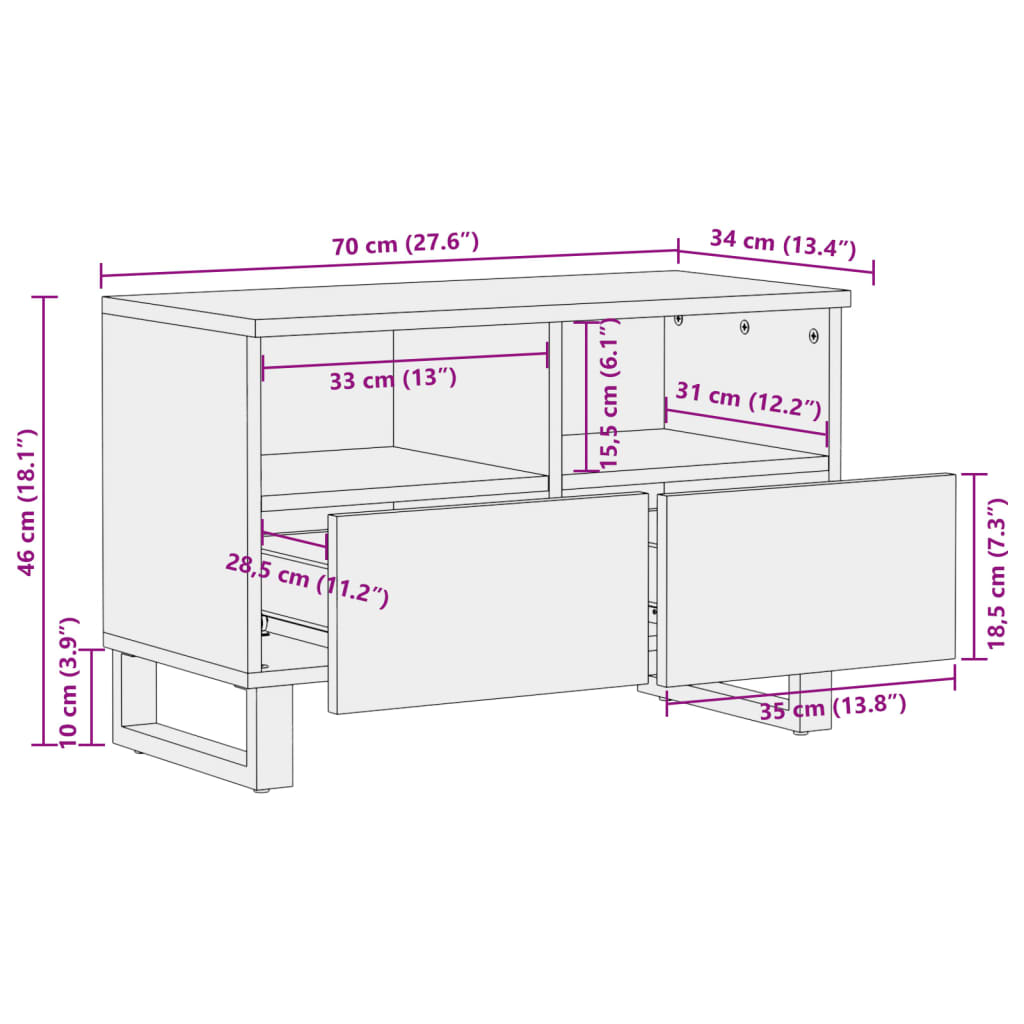 TV-Schrank 70x34x46 cm, massives rohes Mangoholz