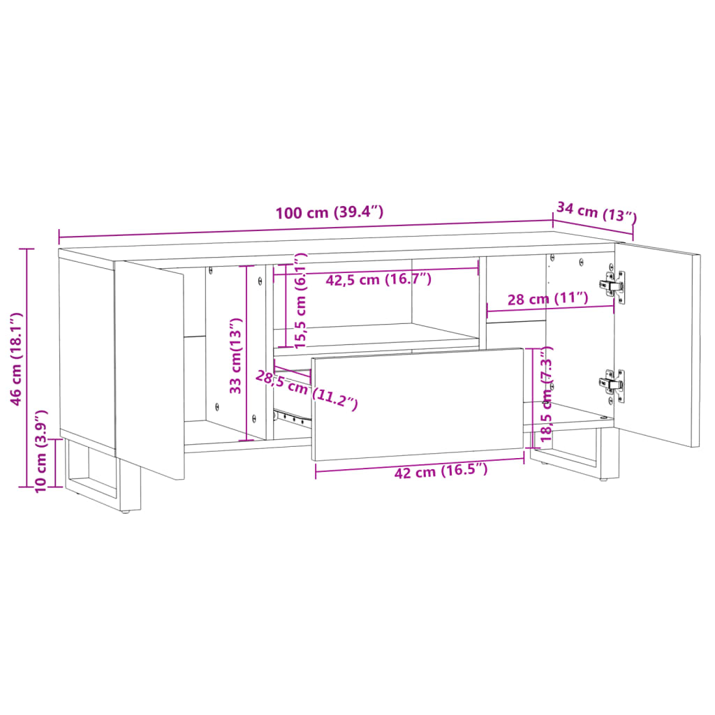 Meuble TV 100x34x46 cm bois massif de manguier brut