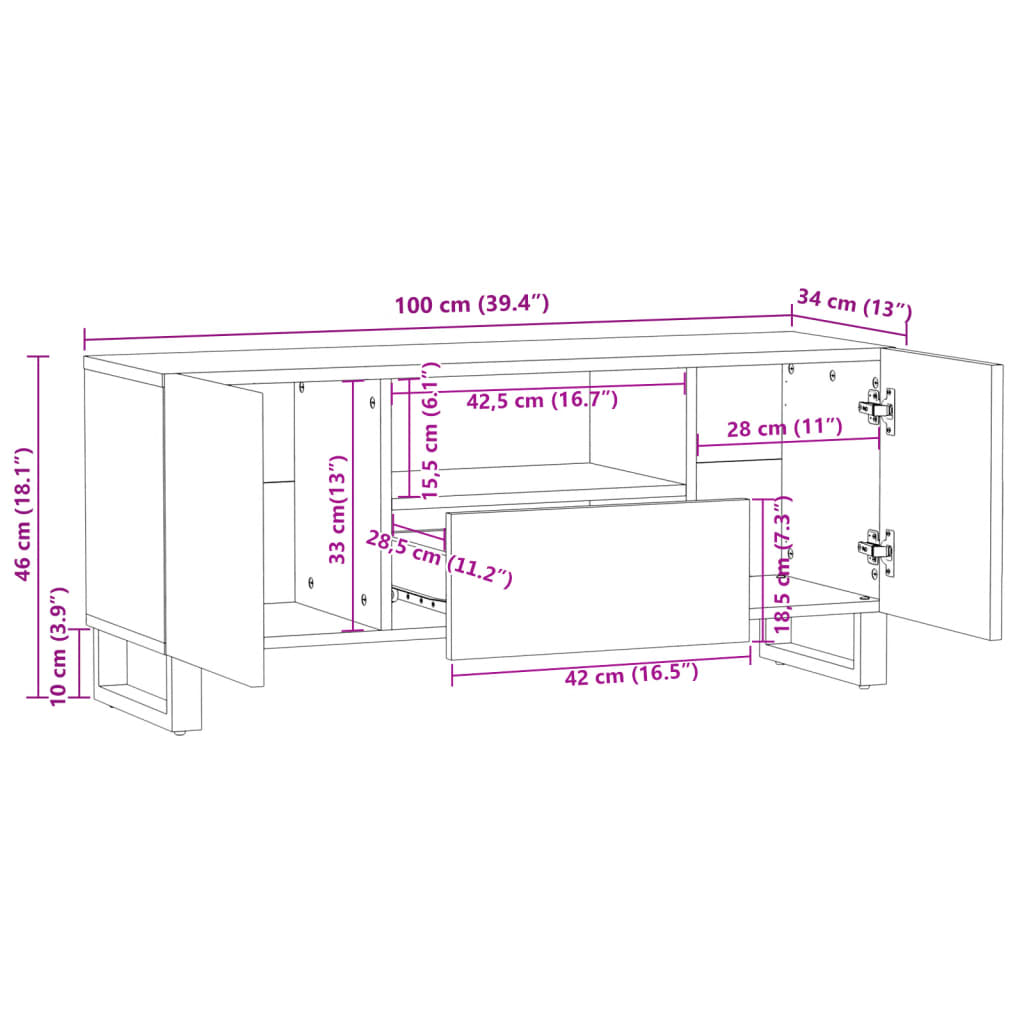 Meuble TV 100x34x46 cm bois d'acacia massif