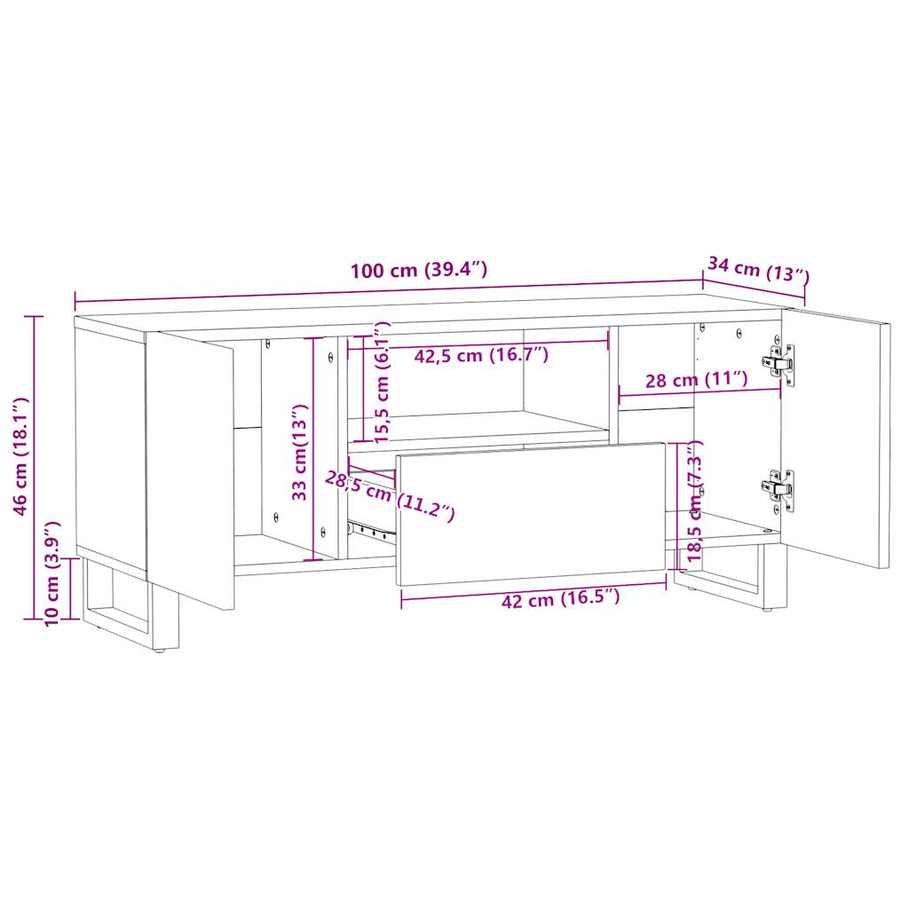 Meuble TV 100x34x46 cm bois massif de manguier