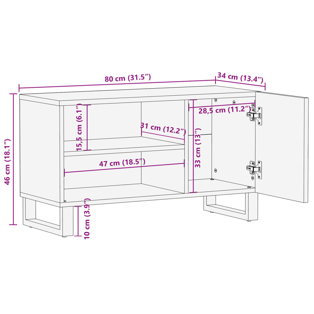 Meuble TV 80x34x46 cm bois massif de manguier brut