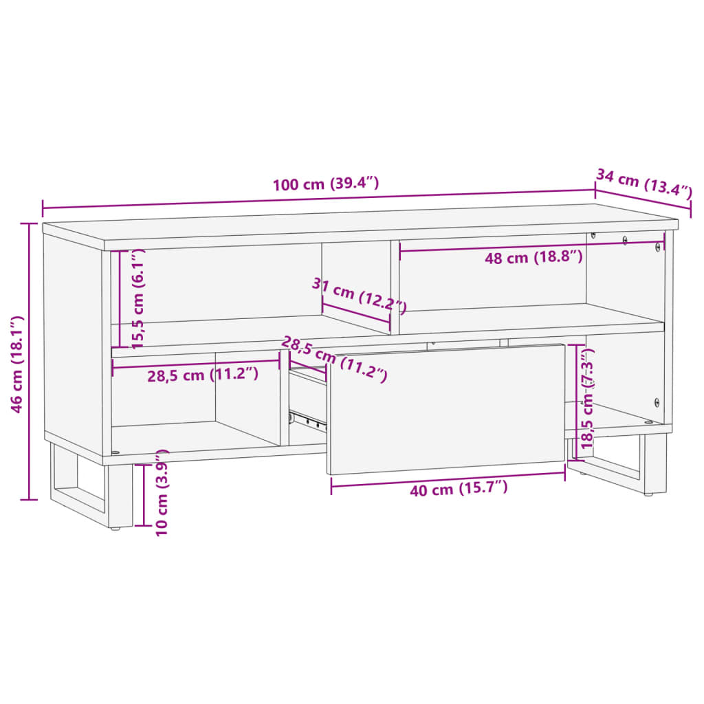 Meuble TV 100x34x46 cm bois massif de manguier brut