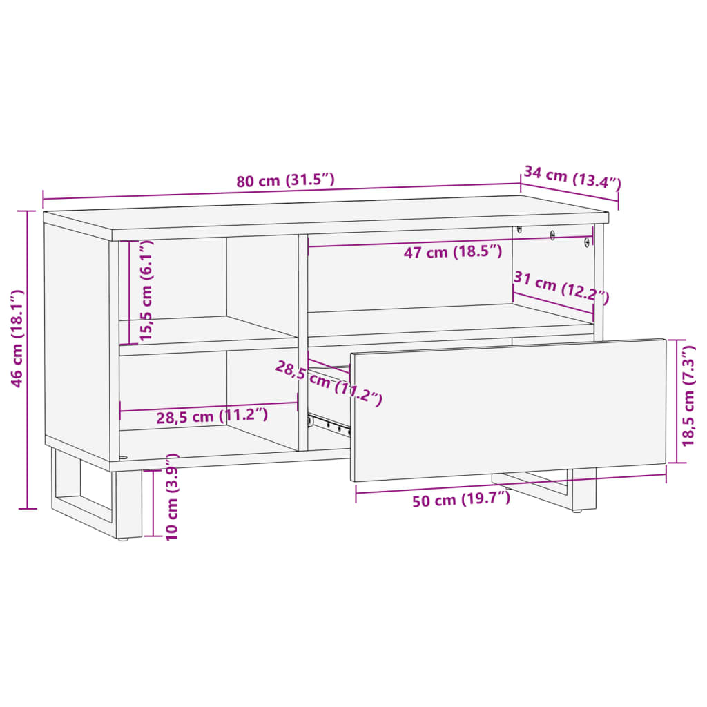 Meuble TV 80x34x46 cm bois massif de manguier brut