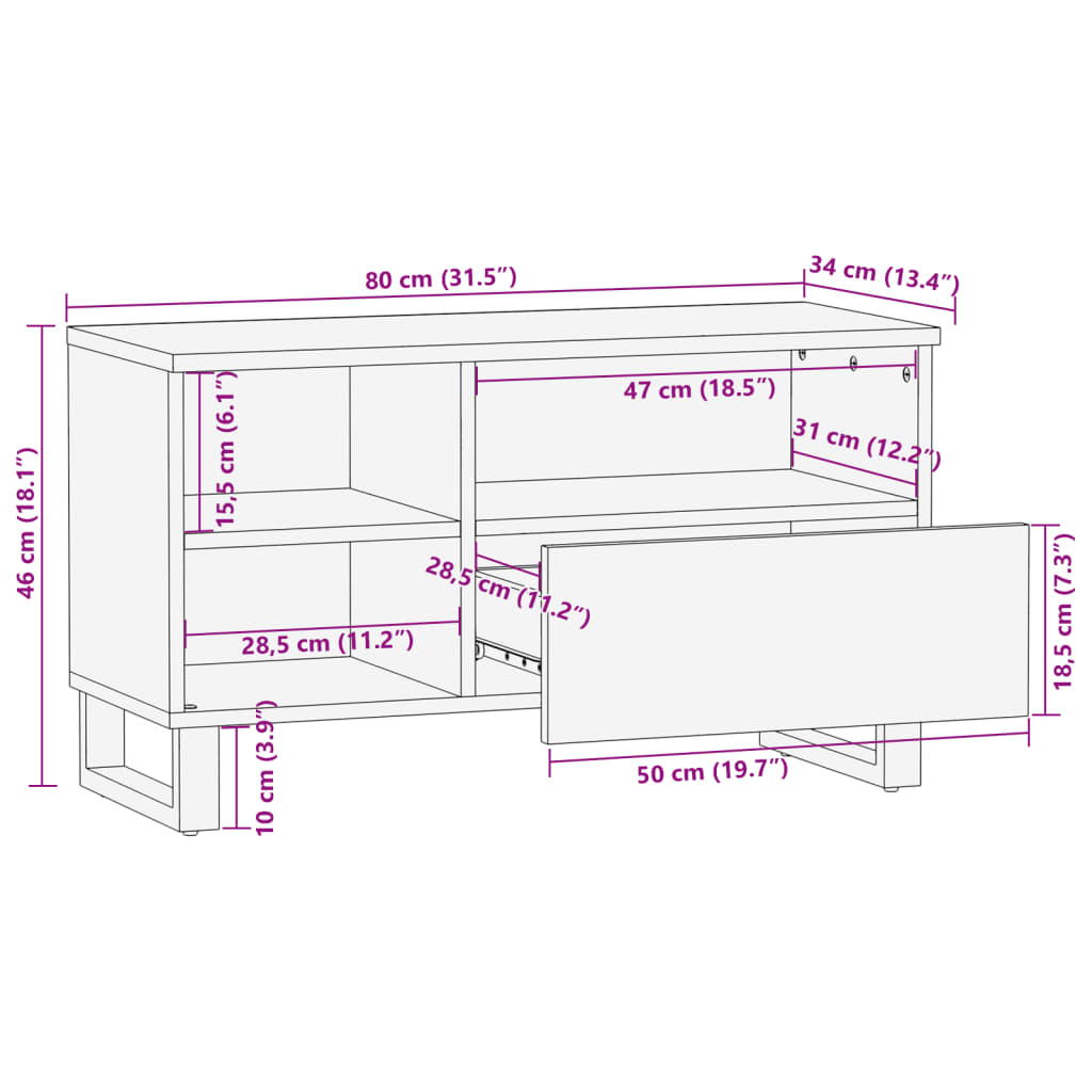 Meuble TV marron 80x34x46 cm bois massif de manguier